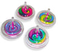 A set of colorful spiral tops with clear plastic outer shells and bright, swirling spiral designs in pink, blue, green, yellow, and purple. Each top has a central pink peg for spinning, creating a mesmerizing effect as the spiral patterns blur together when spun. These toys are designed for simple, playful entertainment.
