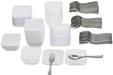 96-piece miniature appetizer set including small square plates, small square bowls, mini forks, and mini spoons. The set features stacks of clear and white plastic plates and bowls alongside silver-colored plastic utensils. Designed for serving bite-sized appetizers, desserts, or tasting portions at parties and events.