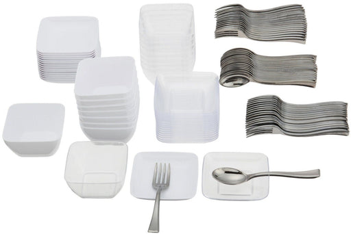 96-piece miniature appetizer set including small square plates, small square bowls, mini forks, and mini spoons. The set features stacks of clear and white plastic plates and bowls alongside silver-colored plastic utensils. Designed for serving bite-sized appetizers, desserts, or tasting portions at parties and events.