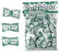 Bag of Party Sweets peppermint creams with money-themed wrappers – clear packaging with green 'Party Sweets' label, filled with individually wrapped candies designed to look like dollar bills featuring fun currency graphics and green-and-white print – three unwrapped examples shown on the left – perfect for casino nights, Vegas parties, or financial-themed celebrations.
