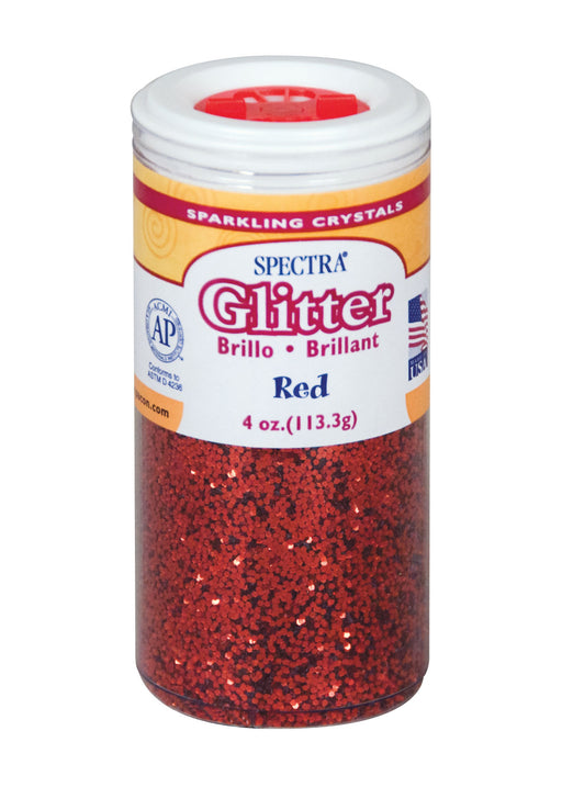 Container of Spectra Sparkling Crystals glitter in red, 4 oz (113.3 g), with a red flip-top lid. The label features the Spectra brand name prominently in red glittery font, includes the word 'Glitter' with translations 'Brillo' and 'Brillant', and indicates the color as 'Red'. It displays an AP seal for non-toxicity, a Made in USA emblem, and a bilingual layout in English, Spanish, and French.