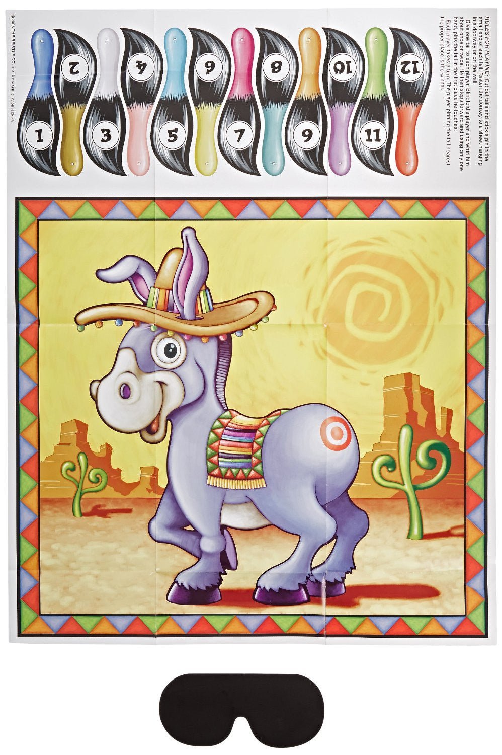 Pin the Tail on the Donkey game set featuring a cartoon donkey wearing a sombrero, 12 numbered colorful tail stickers, and a black blindfold.