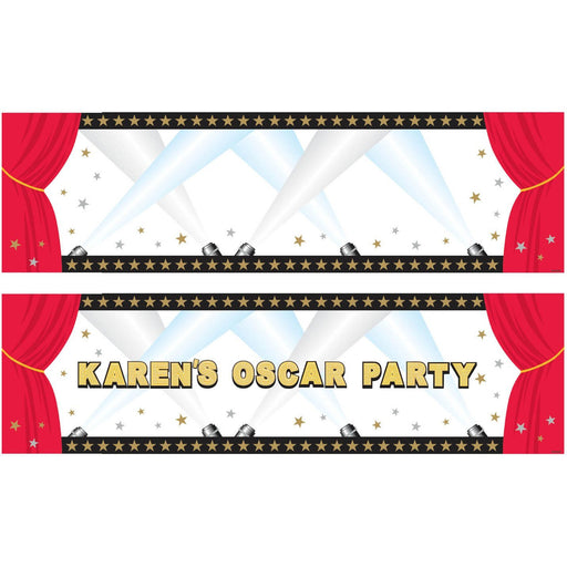 Personalized Hollywood-themed banner with red curtains on each side, gold stars along the borders, and spotlights shining across a white background. The banner reads 'KAREN'S OSCAR PARTY' in bold gold letters, perfect for movie night or awards-themed celebrations.