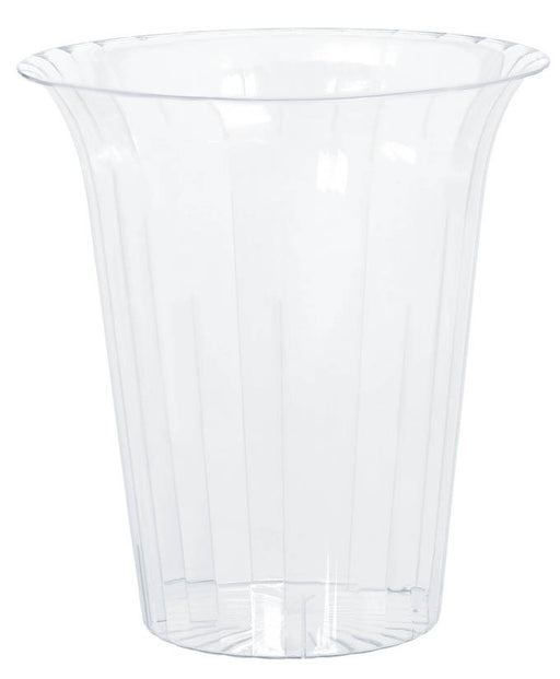 A clear plastic flared container with vertical ridges and a wide, curved rim, resembling a decorative serving or centerpiece bowl.