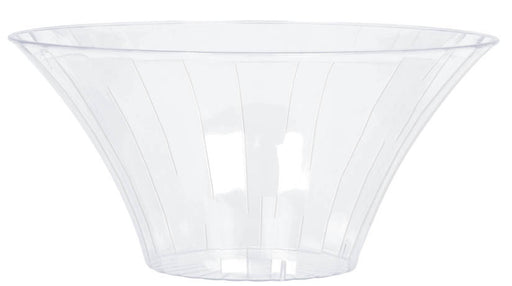 A clear plastic serving bowl with a flared, wide-rimmed shape and vertical panel detailing.