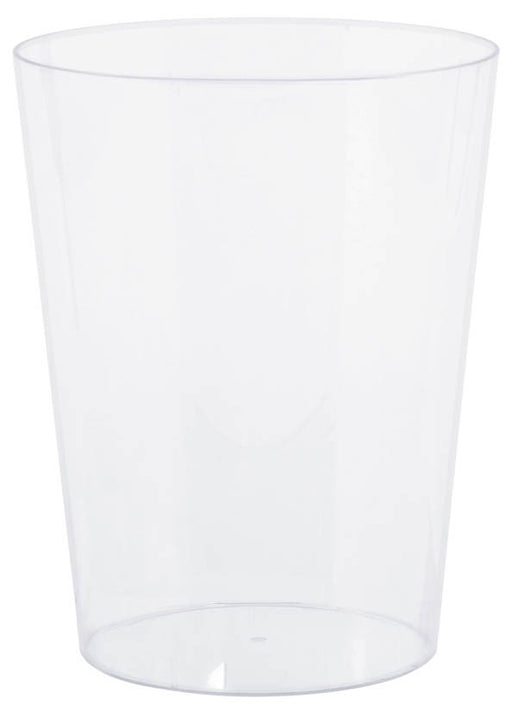 A clear plastic tumbler cup with a smooth surface and slightly tapered shape.
