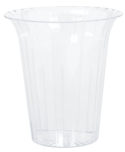 A clear plastic flared container with vertical ridges and a wide, outward-curving rim, suitable for serving snacks or holding decorative items.