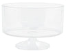 A clear plastic trifle bowl with a wide cylindrical body and a faceted pedestal base, ideal for layered desserts or decorative displays.