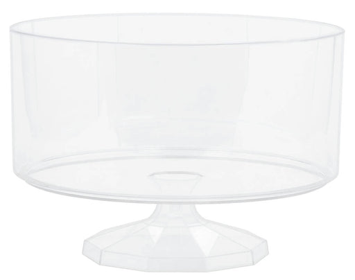 A clear plastic trifle bowl with a wide cylindrical shape and a geometric pedestal base, suitable for layered desserts or party displays.