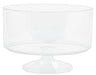 A clear plastic trifle bowl with a wide cylindrical shape and a geometric pedestal base, suitable for layered desserts or party displays.