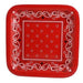 Red bandana-themed square paper plate featuring a classic Western design. The plate includes white and black paisley patterns, small white horseshoes, stars, and decorative borders, all set against a vibrant red background.