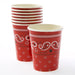 Stack of red 9 oz paper cups with a Western bandana design. The cups feature white and black paisley patterns, stars, and small horseshoe motifs on a bright red background, resembling a classic cowboy bandana style.