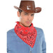 Man wearing a red bandana with a classic white and black paisley pattern tied around his neck in a Western-style. The bandana complements his brown cowboy hat and blue denim shirt, creating a cowboy-inspired look.