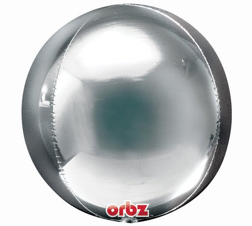 A shiny, spherical metallic silver balloon with the brand name "Orbz" at the bottom.