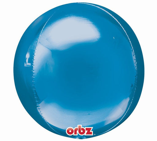 A shiny, spherical metallic blue balloon with the brand name "Orbz" at the bottom.