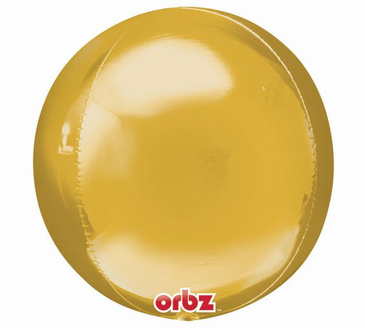 A shiny, spherical metallic gold balloon with the brand name "Orbz" at the bottom.