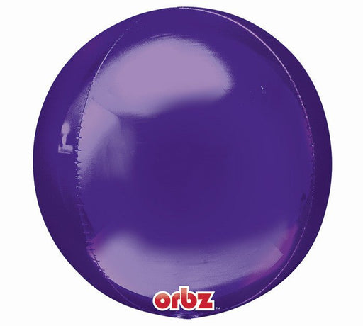 A shiny, spherical metallic purple balloon with the brand name "Orbz" at the bottom.