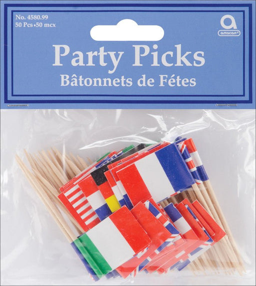 A set of international flag food picks featuring small flags from various countries, including Belgium, Australia, France, South Korea, Denmark, Japan, Finland, the United States, Canada, Germany, Italy, Mexico, Sweden, and the United Kingdom. Each flag is attached to a small wooden stick, ideal for decorating food at parties, international-themed events, or cultural celebrations.
