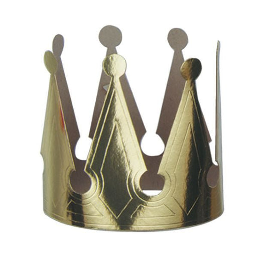 Gold metallic paper crown with pointed tips and circular accents, designed as a party accessory.