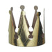 Gold metallic paper crown with pointed tips and circular accents, designed as a party accessory.