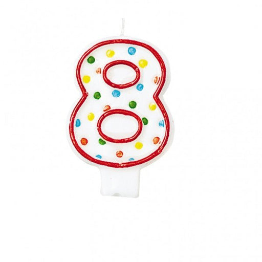 White number 8 birthday candle with a red outline and multicolored polka dots in green, yellow, orange, and blue.