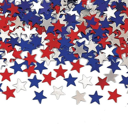 Scattered metallic star-shaped confetti in red, white, and blue colors, ideal for patriotic celebrations such as the Fourth of July, Memorial Day, or other festive events.
