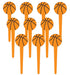 A set of orange food picks topped with small, flat basketball designs featuring black curved lines. The picks are arranged in a group, each resembling a miniature basketball on a stick, ideal for sports-themed party snacks or desserts.