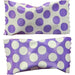 Two pieces of purple candy with white polka dot wrappers, shown side by side with a gap in the middle where they have been separated.