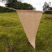 Single triangular burlap pennant hanging from a piece of twine, displayed outdoors against a grassy field with trees in the background.