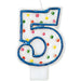 White number 5 birthday candle with a blue outline and multicolored polka dots in red, green, yellow, and orange.