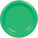 A solid green plastic plate with a glossy finish and a ridged edge.