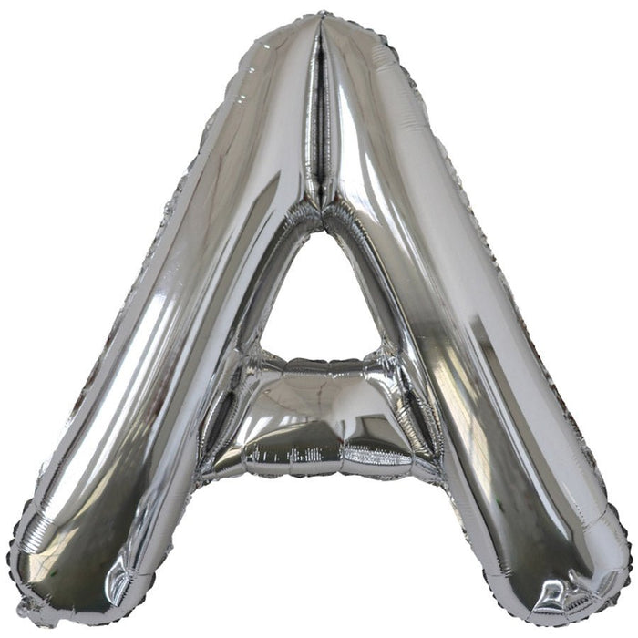 Silver foil balloon shaped like the letter A.