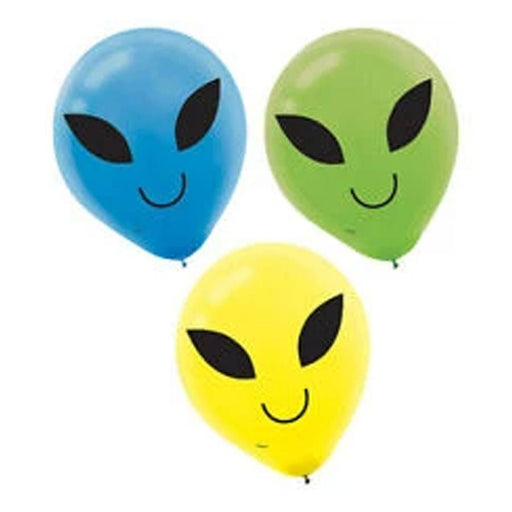 Set of three latex balloons in blue, green, and yellow, each decorated with a black alien face design featuring large oval eyes and a smiling mouth.