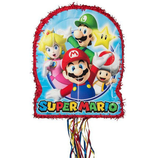 Colorful Super Mario piñata featuring Mario, Luigi, Princess Peach, and Toad with a yellow star in the background, decorated with red fringe and multicolored ribbons hanging at the bottom.