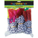Package labeled 'Mega Value Pack' containing 18 jump ropes. Each rope is white with blue and red woven accents and features brightly colored plastic handles in shades of red, pink, green, and yellow. The ropes are bundled and secured with rubber bands, and the packaging header includes product details in English, French, and Spanish.