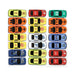 Top-down view of 25 colorful toy race cars arranged in a 5 by 5 grid. The cars come in various colors including yellow, orange, red, blue, green, black, and white, with distinct printed designs, numbers, flames, and symbols on the hoods and roofs.