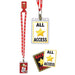 VIP-themed party lanyards and access passes. The set includes red lanyards printed with the word 'VIP' in white, attached to clear plastic badge holders. The badges display phrases like 'ALL ACCESS' with a gold star and 'BACKSTAGE PASS' in bold letters, designed to resemble concert or event credentials.