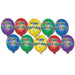 Set of colorful 'Happy Birthday' balloons in various colors including purple, red, yellow, green, and blue. Each balloon is decorated with confetti graphics and features the words 'Happy Birthday' in multicolored, playful lettering.