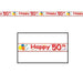 Festive party banner with the message 'Happy 50th' in bold red letters, surrounded by colorful balloons, confetti, and streamers. The design repeats along a long white strip bordered in red, suitable for a 50th birthday celebration.