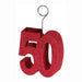 Red glittery '50' shaped balloon or card holder, perfect for a 50th birthday or anniversary celebration. The bold number design is made of thick material with a metal wire extending from the top, ending in a circular clip for holding balloons, photos, or cards.