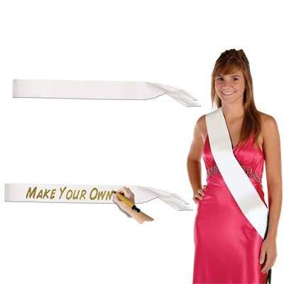 White satin sash with a blank surface for customization, shown plain and with gold 'Make Your Own' lettering, modeled by a woman wearing a pink formal dress.