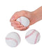 A set of small, white toy baseballs with red stitching detail, designed to resemble real baseballs. One ball is shown being squeezed by a hand, indicating it is soft and likely intended as a stress ball or squishy toy. Two identical balls are placed below, highlighting their round shape and classic baseball appearance.
