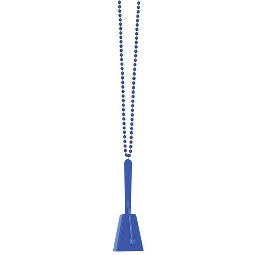 Blue cowbell necklace featuring a mini plastic cowbell attached to a matching blue beaded chain – lightweight novelty accessory ideal for sporting events, pep rallies, parties, and team spirit celebrations.