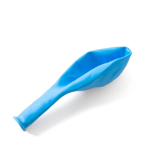 Deflated blue latex balloon lying flat on a white background, with the opening and neck clearly visible.