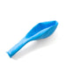 Deflated blue latex balloon lying flat on a white background, with the opening and neck clearly visible.