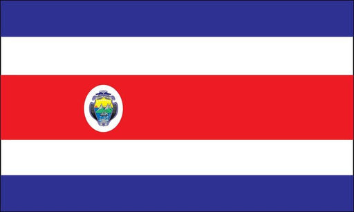 Rectangular flag with five horizontal stripes: blue on the top and bottom, white beneath the blue stripes, and a central red stripe. An emblem featuring a detailed shield is placed on the left side of the red stripe.