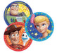 Round party plate featuring characters from Toy Story. Woody is in the front, with Bo Peep, Forky, and Buzz Lightyear behind him. The plate has a blue border decorated with orange stars.