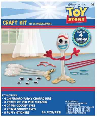 Toy Story craft kit for making Forky characters. The kit includes chipboard Forky cutouts, red pipe cleaners, googly eyes, stickers, and other craft materials to create four Forky figures.