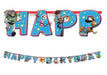 Toy Story-themed 'Happy Birthday' banner. The large blue letters are decorated with stars and feature characters including Buzz Lightyear, Forky, Woody, and Slinky Dog. Smaller images of other Toy Story characters appear along the length of the banner.