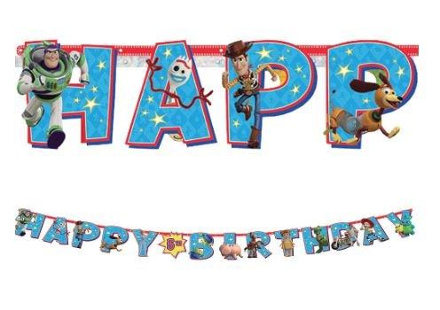 Toy Story-themed 'Happy Birthday' banner. The large blue letters are decorated with stars and feature characters including Buzz Lightyear, Forky, Woody, and Slinky Dog. Smaller images of other Toy Story characters appear along the length of the banner.